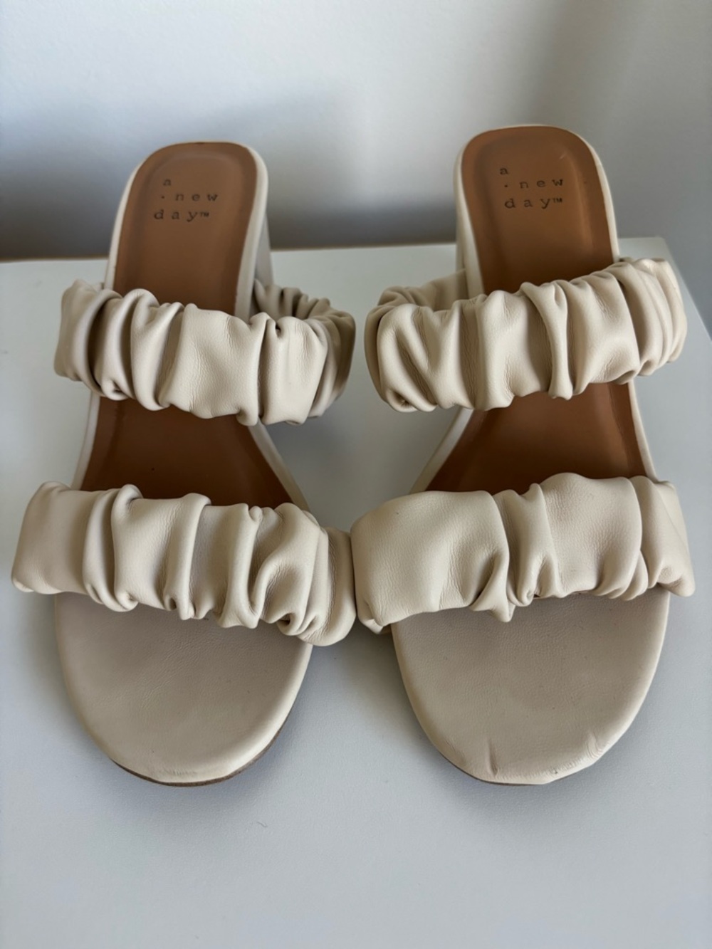 a new day Ruched Double-Strap Slide Sandals in Cream